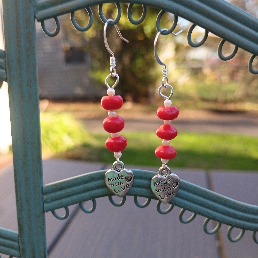 Red Beaded Heart Charm Earrings